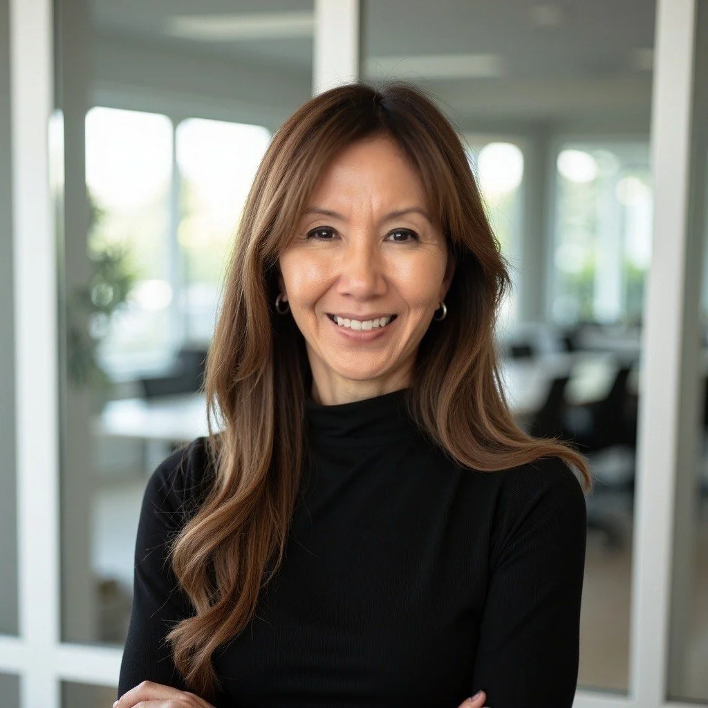 A woman with shoulder-length brown hair in a black top, smiling in a modern office setting with glass walls and blurred office furniture in the background.
