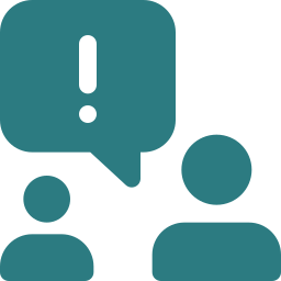Icon of two people with a speech bubble containing an exclamation mark.