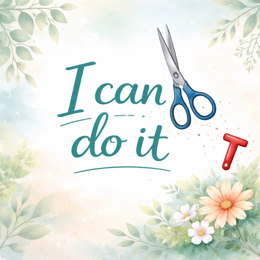Decorative background with leaves and flowers, featuring the phrase 'I can do it' with a pair of scissors and a glue bottle.