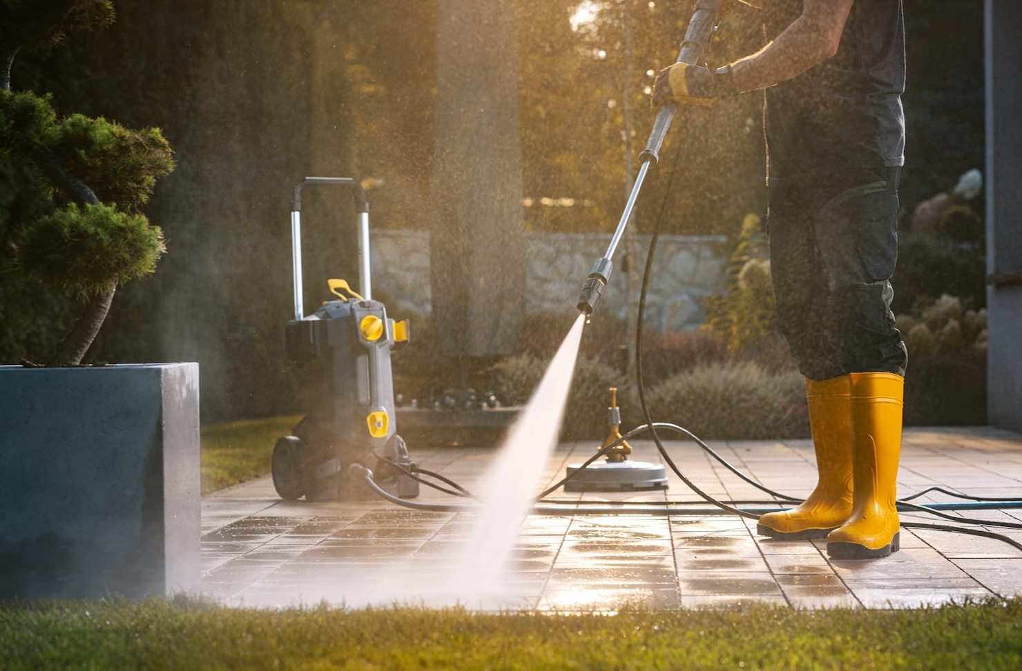 Person using a power washer to clean outdoor tiles at sunset, wearing yellow rubber boots and black work clothes.