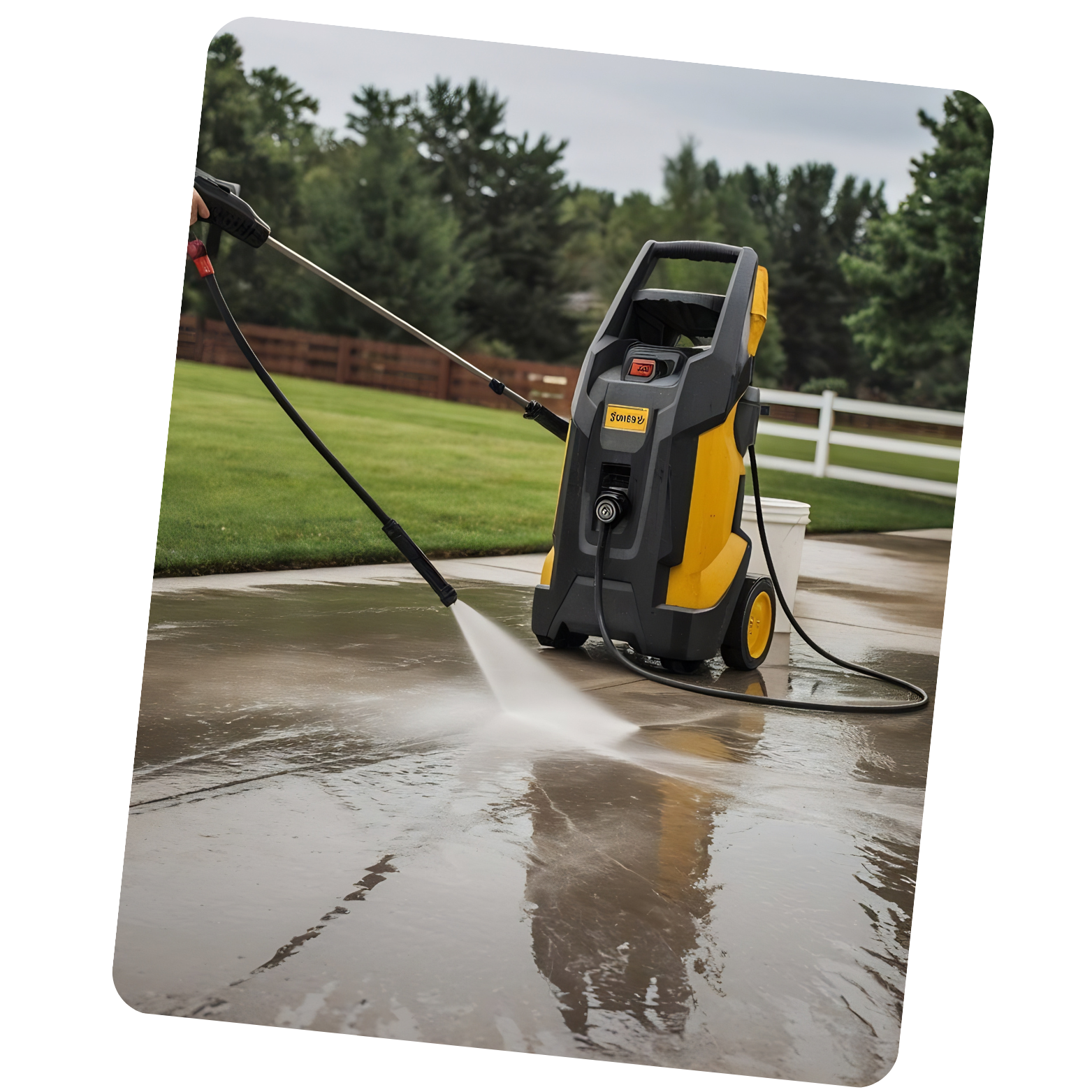 A pressure washer cleaning a concrete driveway outside with a garden and a fence in the background.