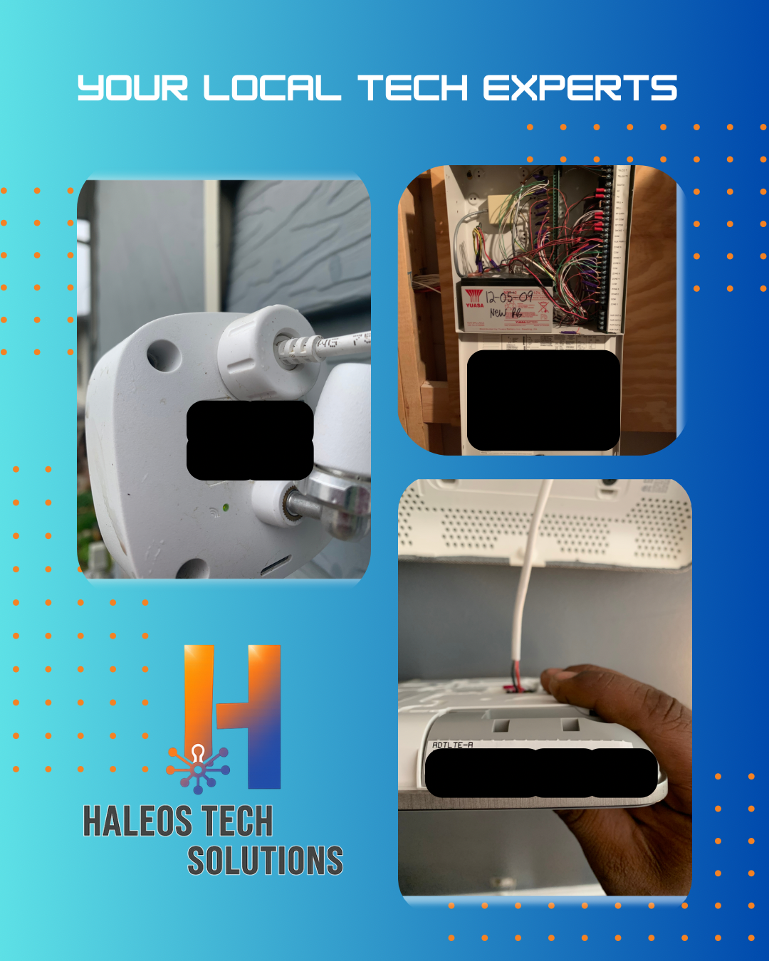 Graphic for Haleos Tech Solutions featuring three images of technical equipment: an outdoor power outlet with a plugged-in cable, an open electrical panel with wires, and a hand plugging in a device, with the text "Your Local Tech Experts" at the top