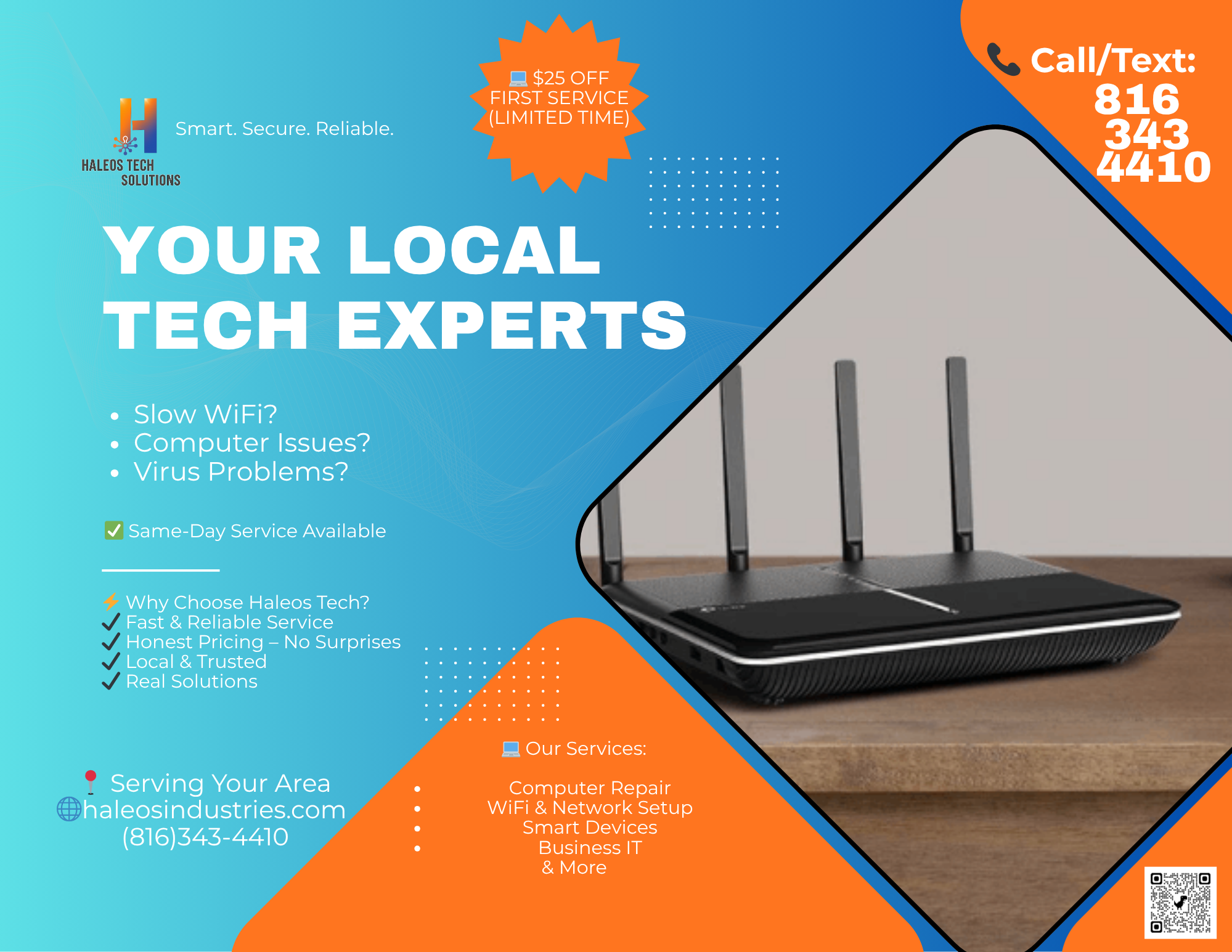 An advertisement for Haleos Tech Solutions featuring a Wi-Fi router, contact number 816-343-4410, and services including computer repair, Wi-Fi setup, smart devices, and business IT, with a special offer of $25 off first service.
