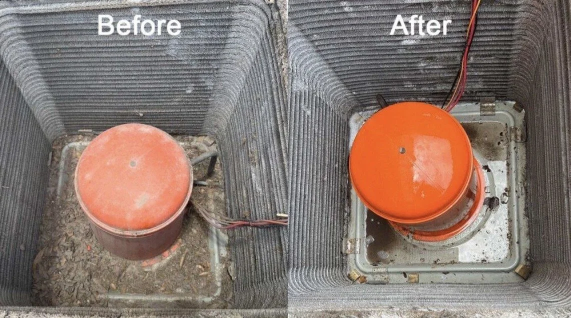 Comparison of an air conditioning unit's fan coil before and after cleaning. The 'before' side shows a dusty, dirty fan coil with accumulated dirt, while the 'after' side shows a clean, shiny fan coil after cleaning.