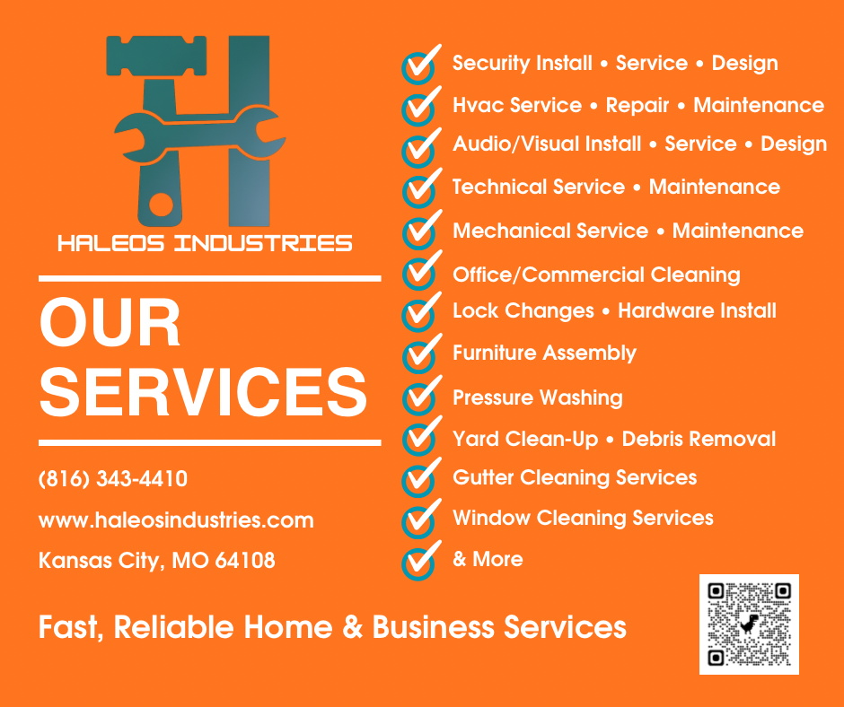 Orange advertisement poster for Haleos Industries listing services such as security, HVAC, audio/visual, technical, mechanical, office cleaning, hardware, furniture, pressure washing, yard cleanup, gutter cleaning, window cleaning, and more. Includes