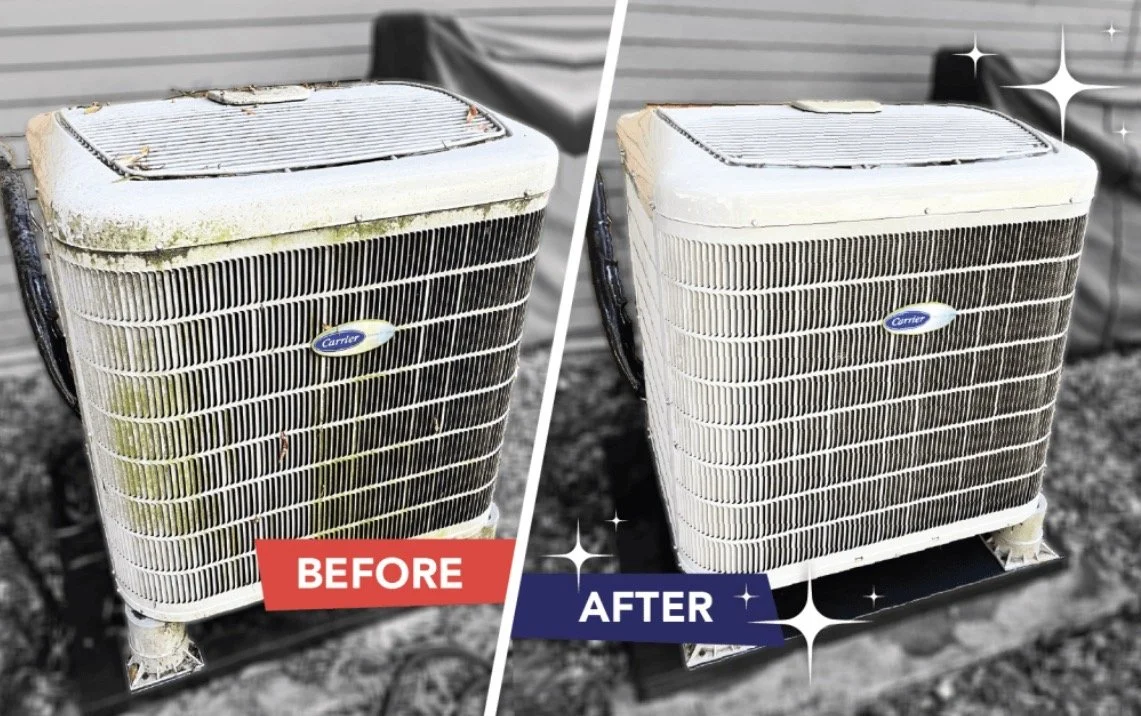 Side-by-side comparison of an air conditioning unit before and after cleaning. The 'before' side shows the unit with accumulated dirt and grime on the surface, while the 'after' side shows a clean, shiny unit.