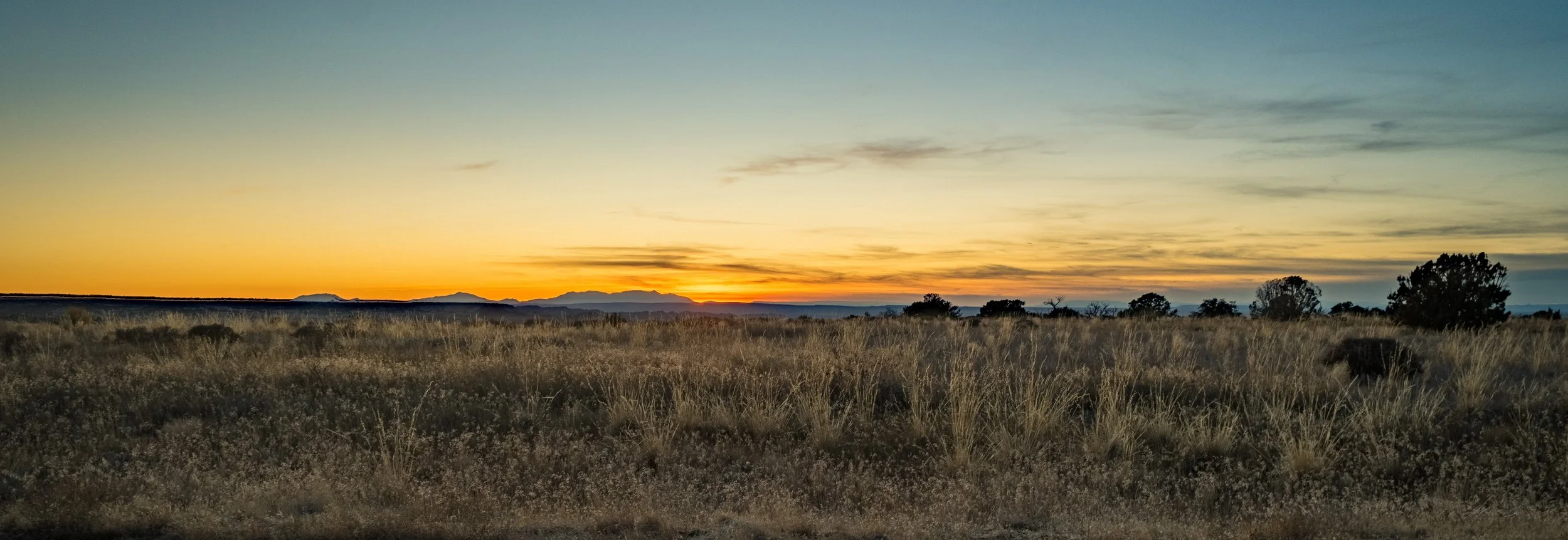 Sunset over a dry grassy plain with distant mountains and scattered trees.