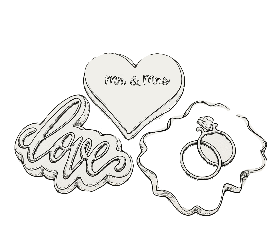 Line drawing of wedding-related cookies: a heart-shaped cookie with 'mr & Mrs' written on it, a cookie with 'love' written in cursive, and a cookie with interlocked rings and a diamond.