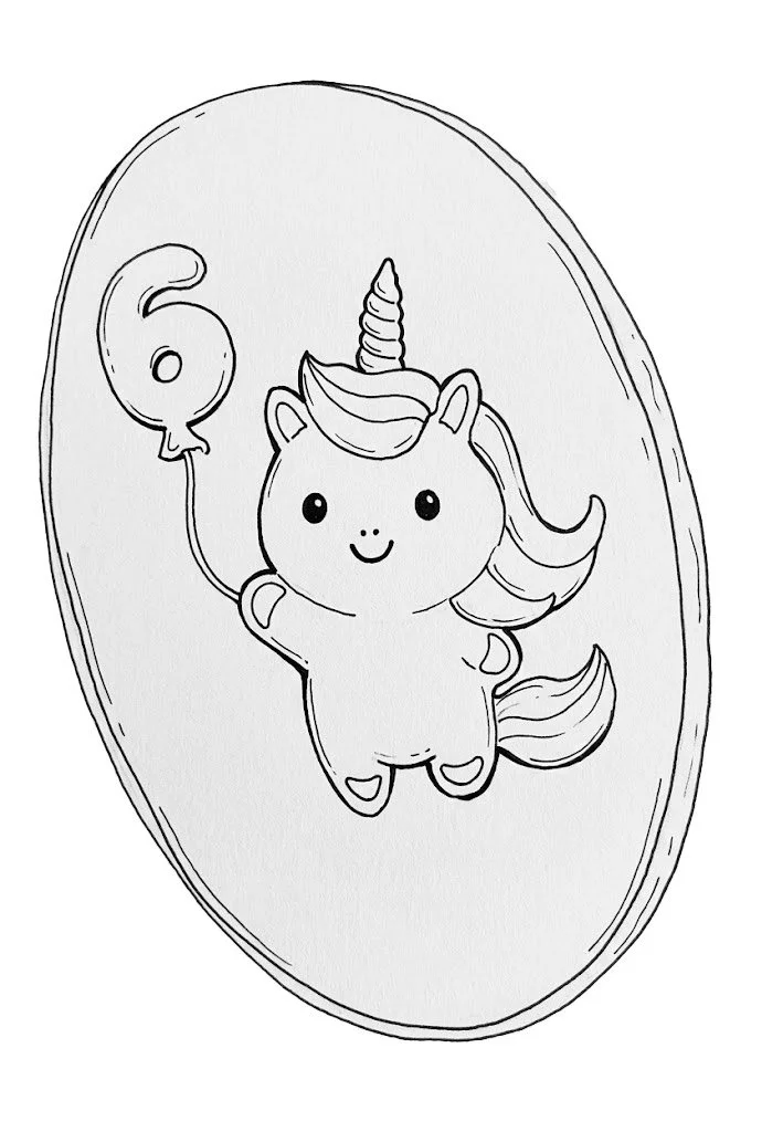 A cute, cartoon-style unicorn with a rainbow-colored mane and tail, holding a balloon shaped like the number 6, inside a circular border.