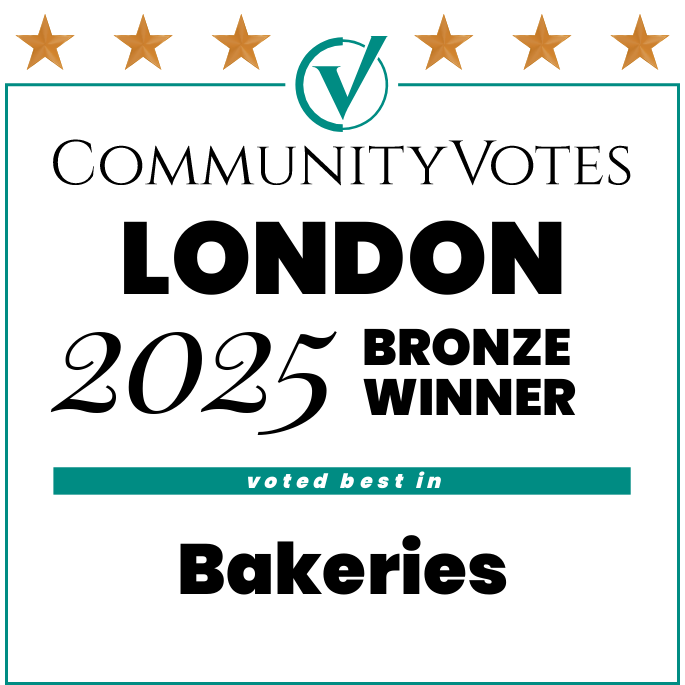 Award plaque for Community Votes London 2023, bronze winner in best bakeries, with a row of five gold stars at the top and a green check mark logo at the top center.