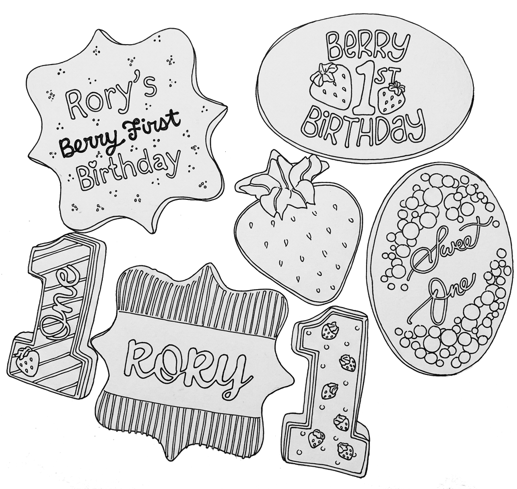 Collection of decorated cookies with birthday and strawberry themes, including messages such as "Rory's Berry First Birthday" and "Berry 1st Birthday," along with a large strawberry and a bubble-themed cookie that says "Sweet One".