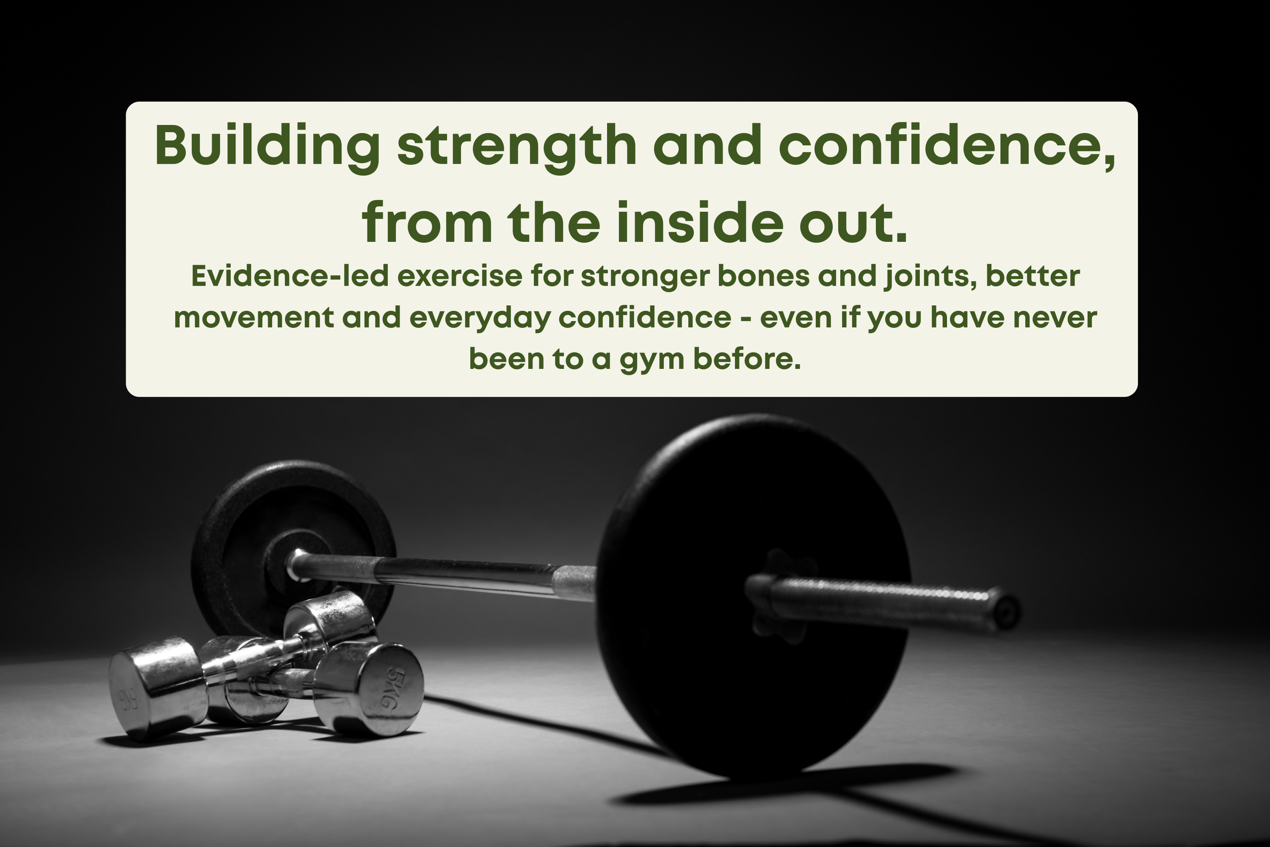 Black background with a pair of dumbbells and a barbell, and a motivational quote about strength and confidence in green text.