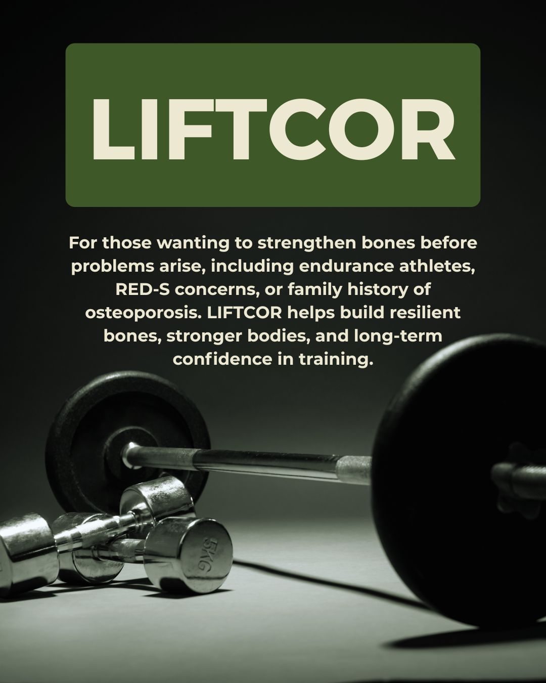 A poster promoting LIFTCOR, a supplement for strengthening bones and building resilient bodies, featuring a barbell and dumbbells on a dark background.