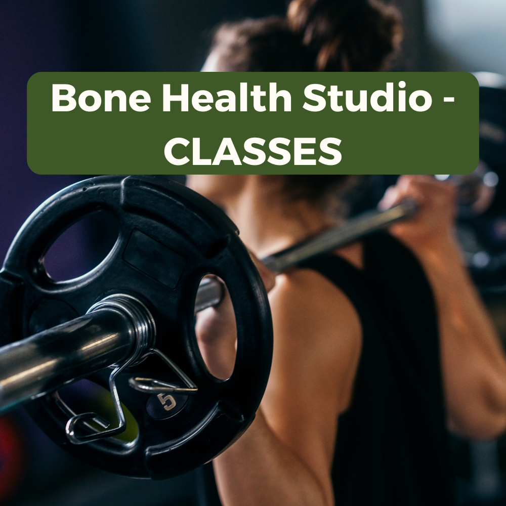A person lifting a barbell in a gym, with the text 'Bone Health Studio - CLASSES' overlaid.