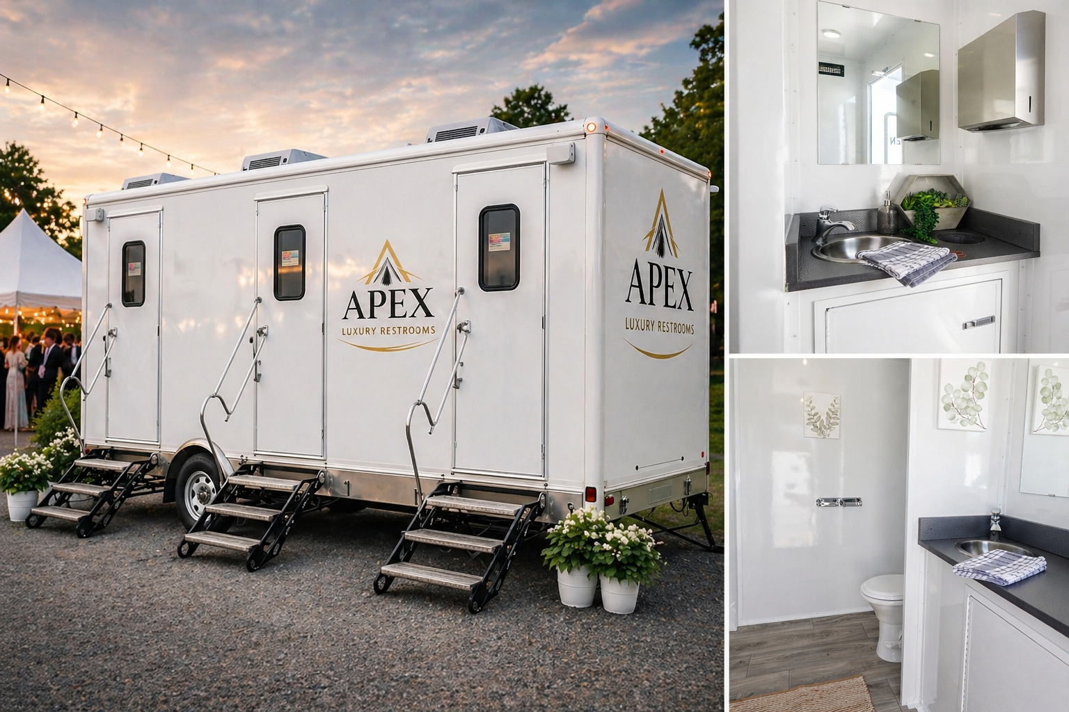 A luxury portable restroom trailer with the logo 'APEX Luxury Restrooms' on the side, set outdoors during sunset, with small stairs leading up to the doors. The interior includes a white bathroom with a mirrored medicine cabinet, a sink with a countertop, a small toilet, and decorative framed art.