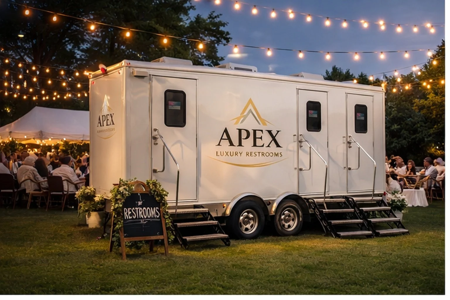 A white luxury restroom trailer labeled 'Apex Luxury Restrooms' parked outdoors at a nighttime event with string lights overhead, surrounded by trees and seated guests in the background.