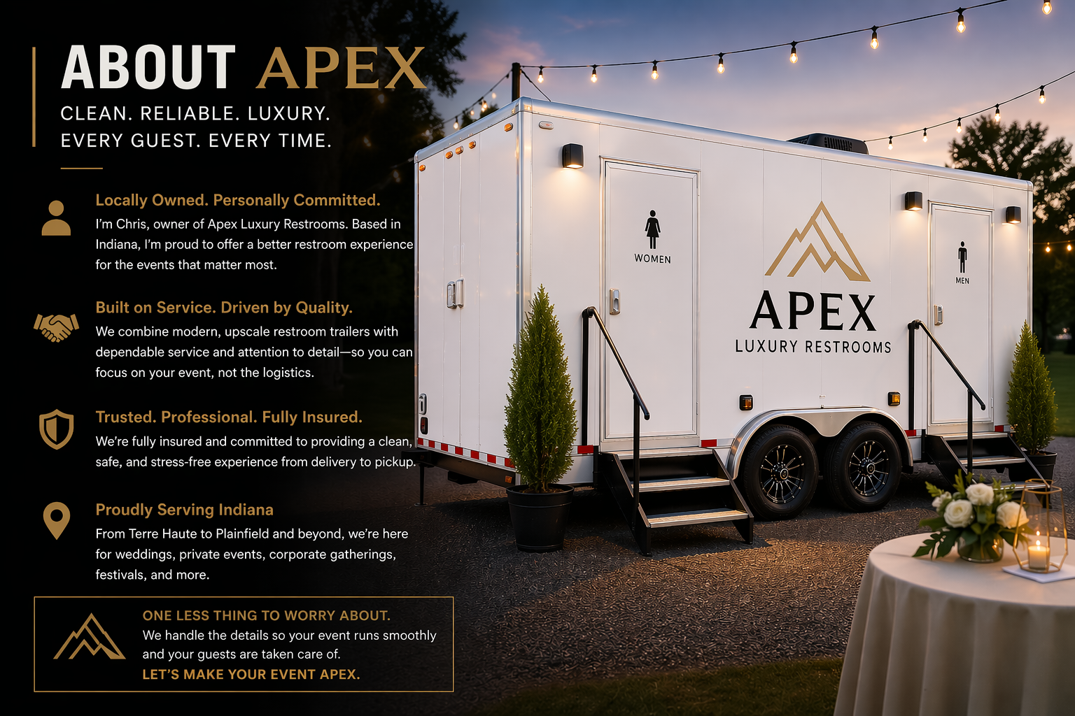 A flyer for Apex Luxury Restrooms displays an exterior image of a white luxury restroom trailer with black wheels, staircase, and door signs for women and men. The trailer is illuminated in an outdoor setting with string lights, trees, and a sunset sky. The flyer includes text highlighting Apex's locally owned status, service quality, insurance, and coverage of Indiana, along with an icon of mountains and a message about event logistics.