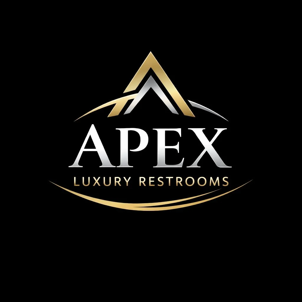 Luxury restroom logo with a stylized gold and silver mountain peak and the text 'APEX Luxury Restrooms' on a black background.
