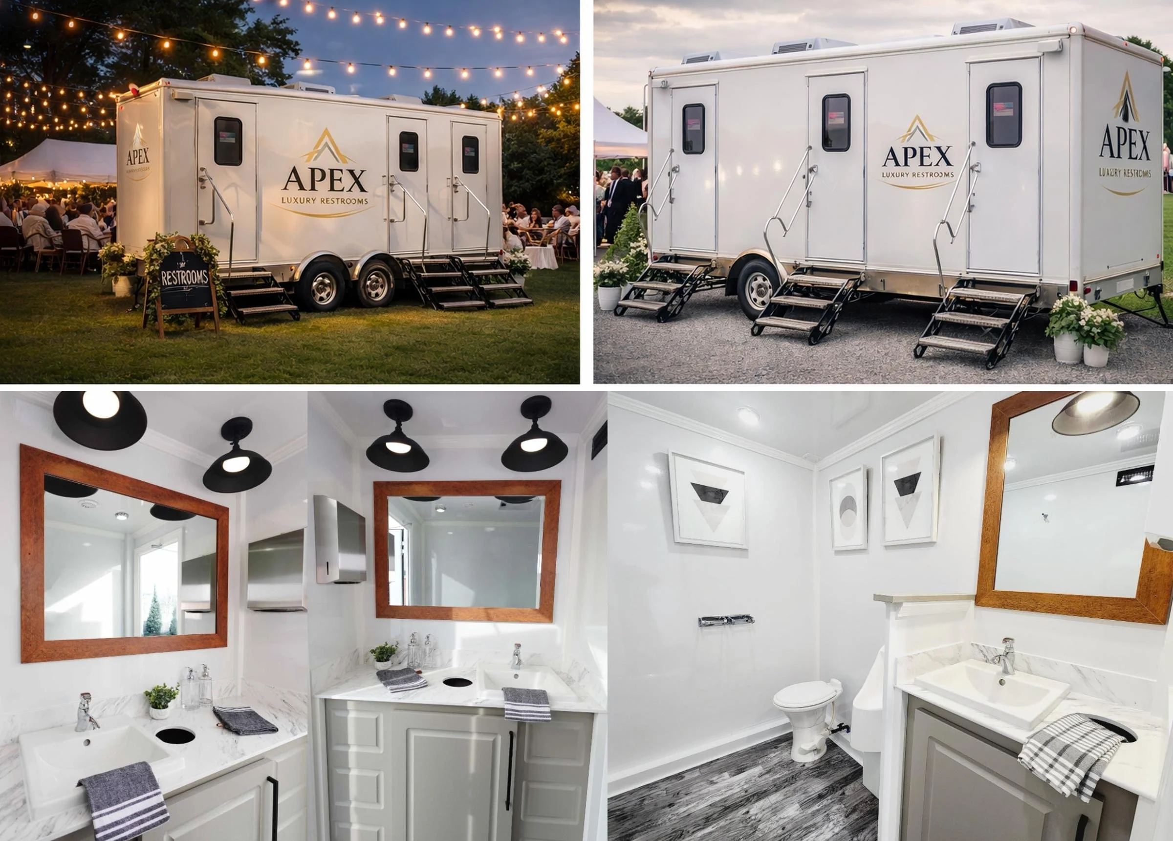 A mobile restroom trailer outside at an event, with interior images of two bathrooms showing sinks, mirrors, and decor.