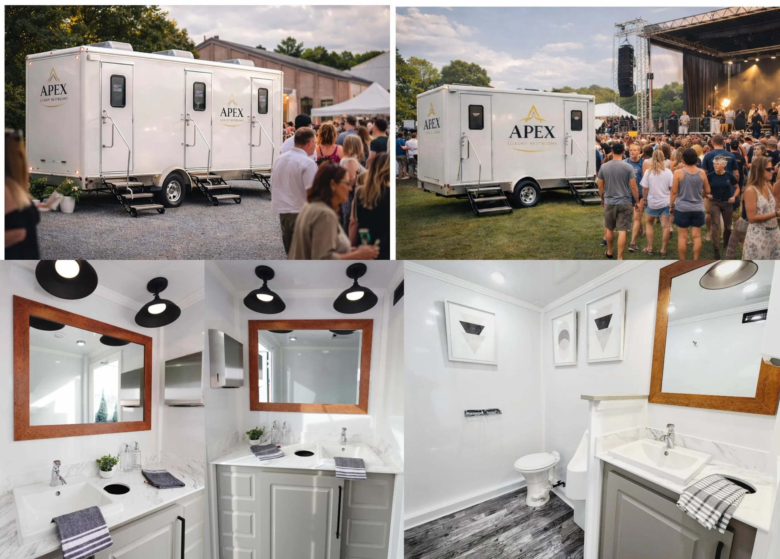 Images of a mobile restroom trailer with the logo 'APEX Luxury Restrooms' in an outdoor event setting, and interior shots of modern bathrooms with white cabinets, mirrors, and sinks.