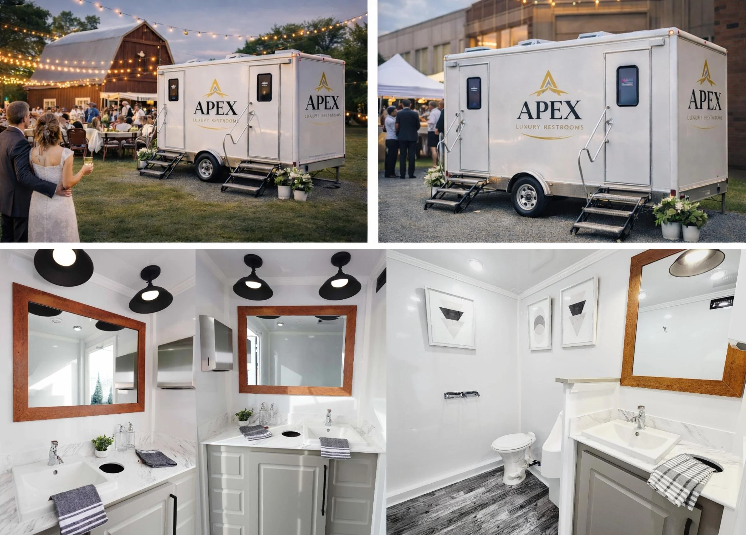 Four images of luxury portable restrooms and interior bathroom setups. The first two images show a white luxury restroom trailer with the branding 'APEX'. The first outdoor scene is at an evening event with people and string lights, and the second outdoor scene shows the trailer parked near a building with guests gathering. The bottom two images depict interior views of bathroom interiors with white and gray color schemes, featuring sinks, mirrors, artwork, and lighting fixtures.