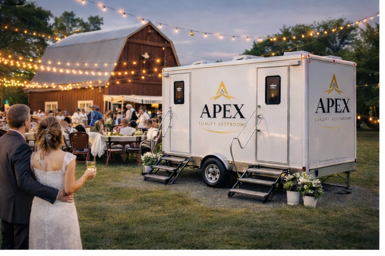 Wedding reception outdoor with string lights, a wooden barn, and a luxury restroom trailer labeled Apex, with guests seated at tables and a couple in wedding attire in the foreground.