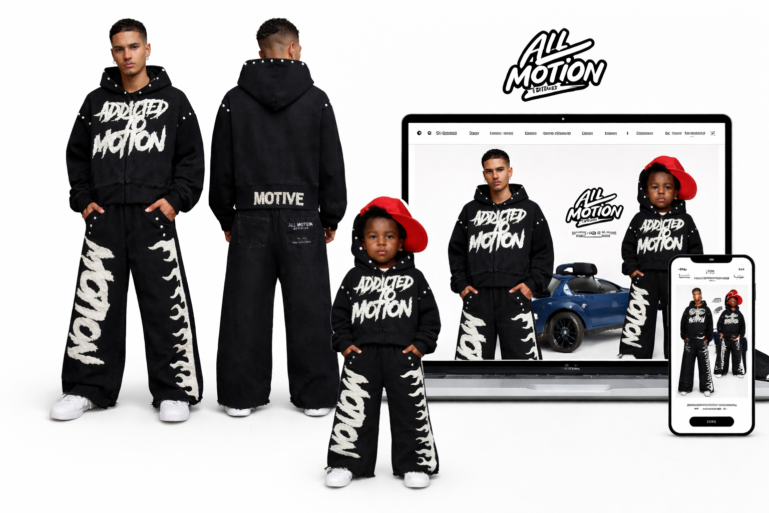 A family wearing black streetwear with white text and designs, including hoodies and wide pants, standing in front of a laptop and smartphone screens displaying a clothing website with the logo 'All Motion' and a blue car in the background.