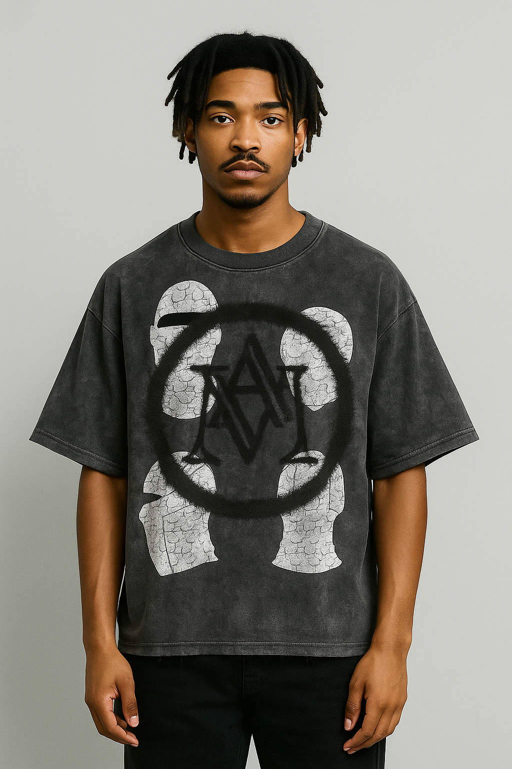 Young man with black dreadlocks wearing a black graphic T-shirt with a design featuring skulls and a star symbol.