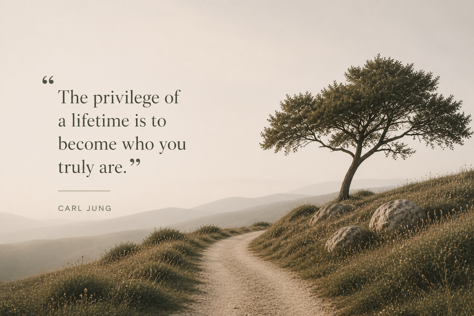 Inspirational quote by Carl Jung: 'The privilege of a lifetime is to become who you truly are,' overlaid on a serene landscape with a dirt path, grassy hills, a solitary tree, and distant mountains during sunset.
