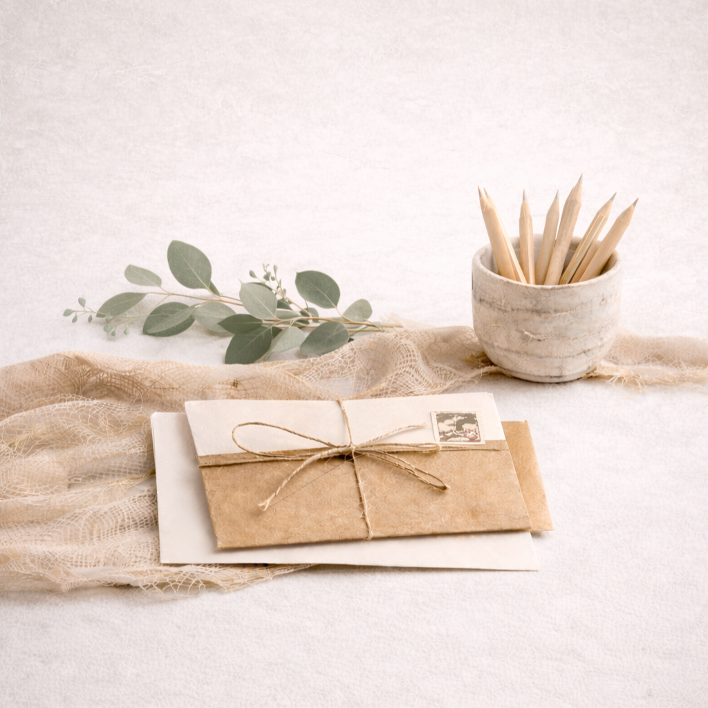 A flat lay of stationery items including wrapped letters, a pot of wooden pencils, and eucalyptus leaves on lace fabric.