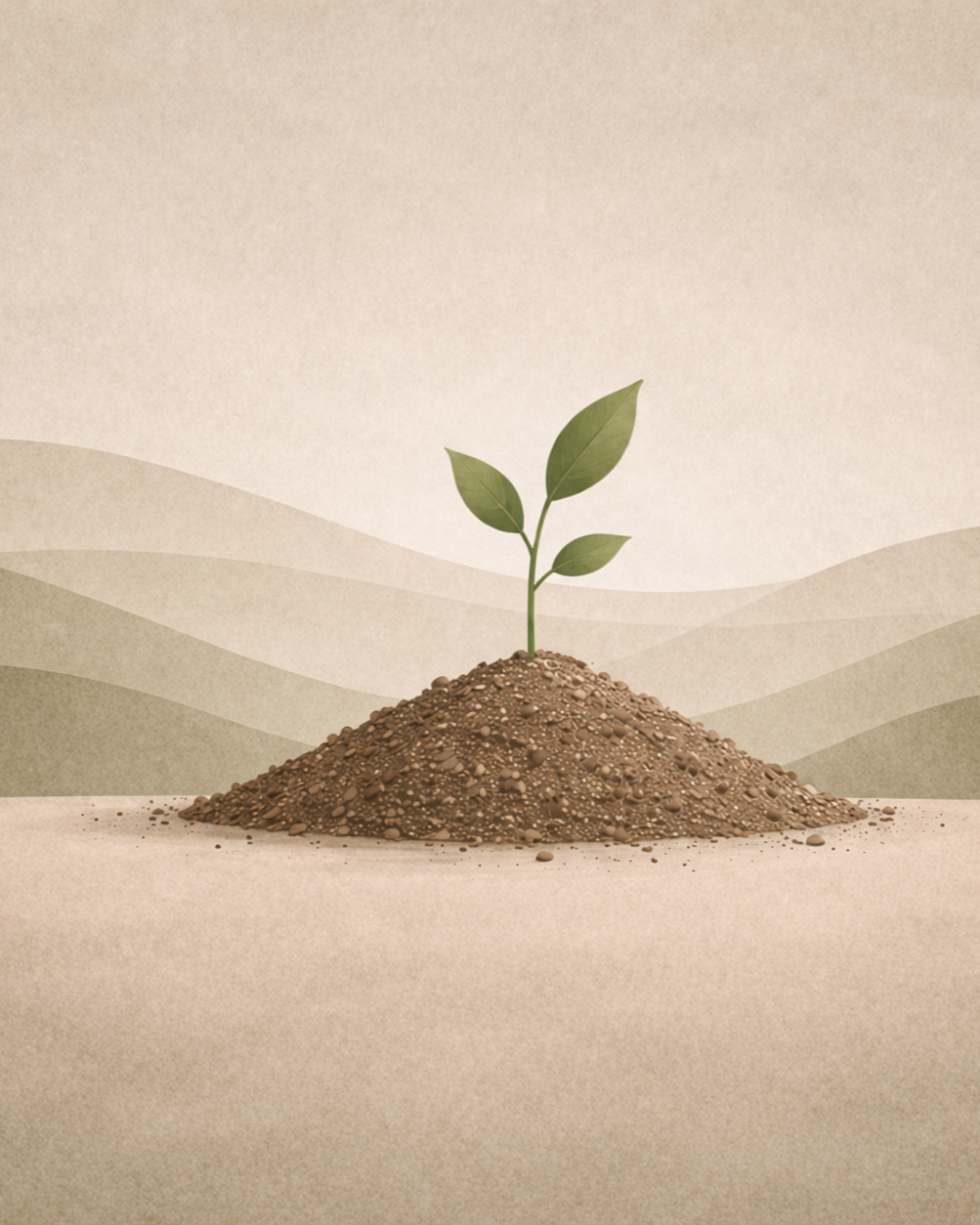 A small plant with three leaves growing from a mound of dirt on a flat surface with a mountainous landscape background.
