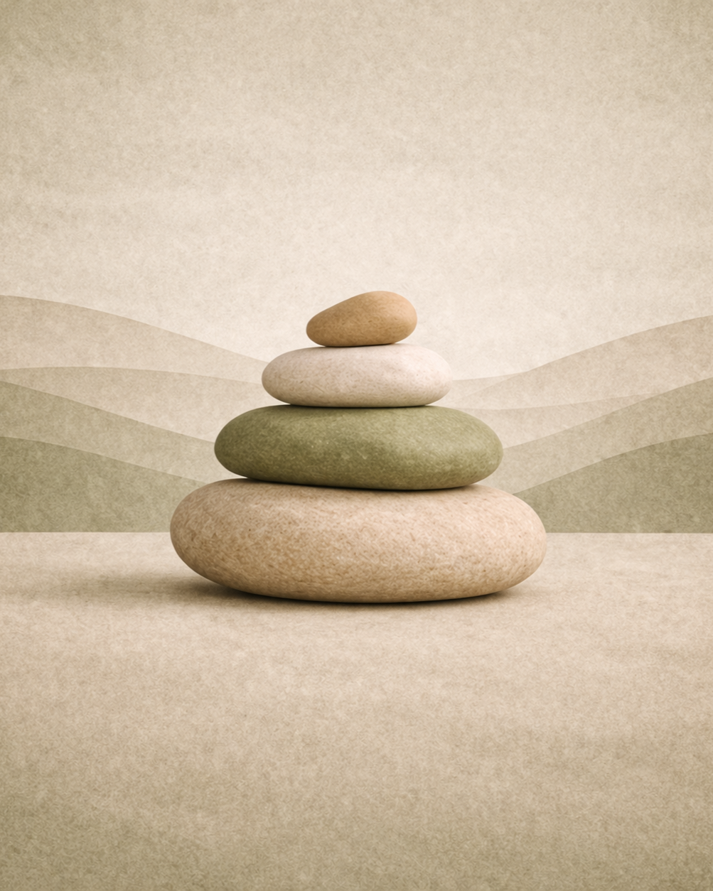 A stack of five smooth, rounded stones in different earthy colors, arranged from largest at the bottom to smallest at the top, with a subtle mountainous landscape and soft beige background.