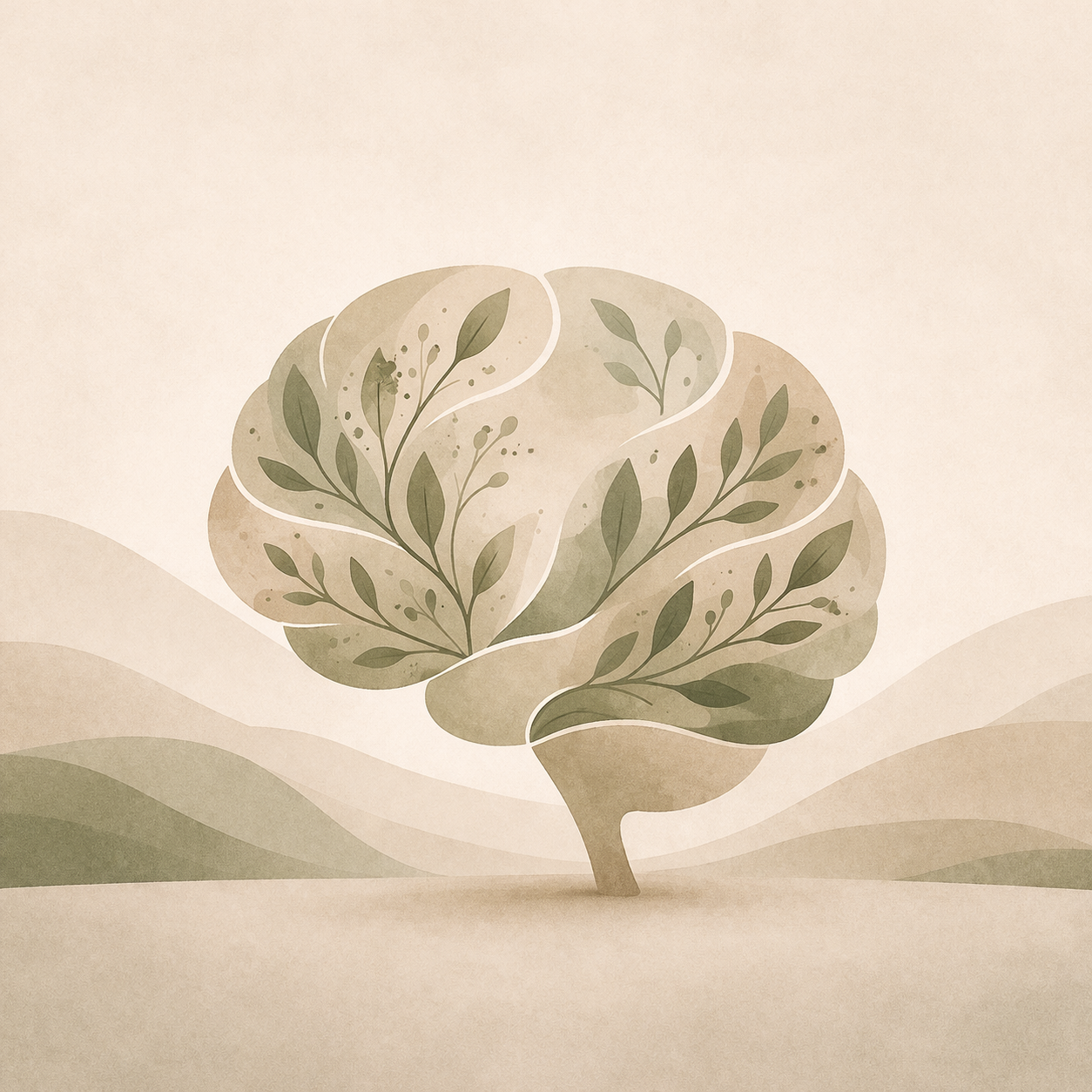 Stylized illustration of a brain with leaf and branch patterns inside, set against a soft background with rolling hills.
