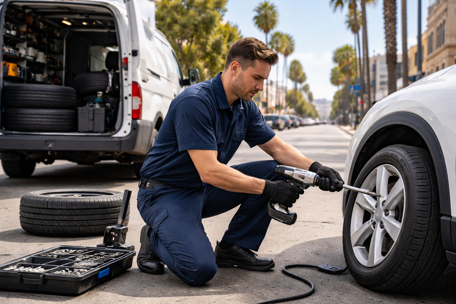 Mobile tire repair service in Los Angeles fixing flat tire on the road