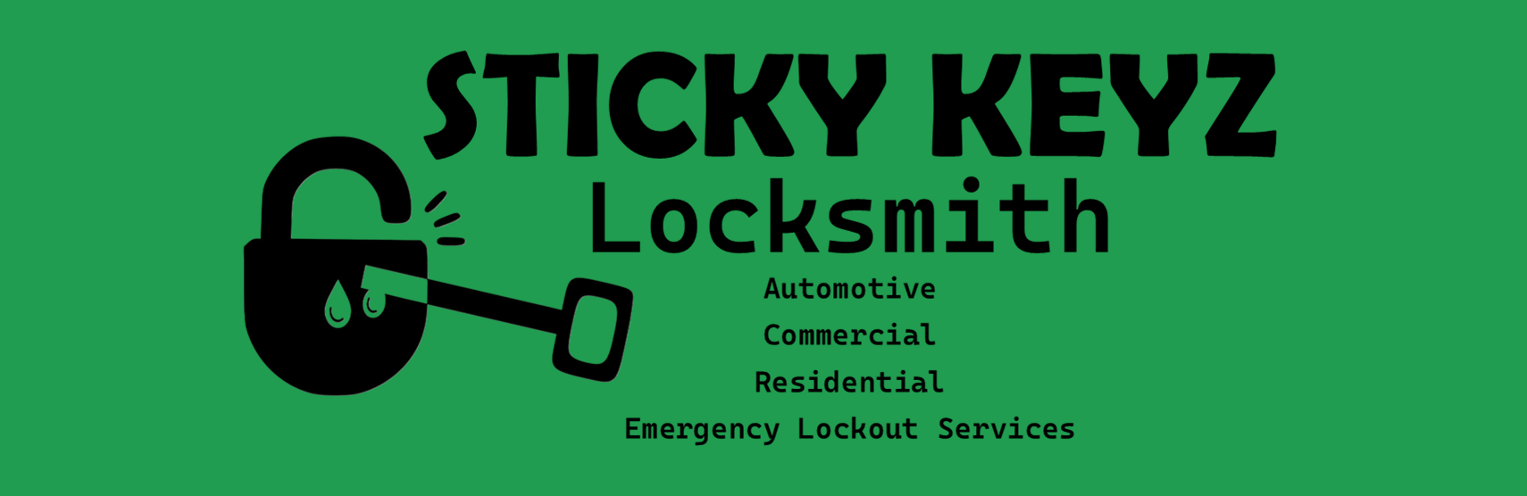 Green sign for Sticky Keyz Locksmith with a black padlock and key graphic, listing services: Automotive, Commercial, Residential, Emergency Lockout Services.