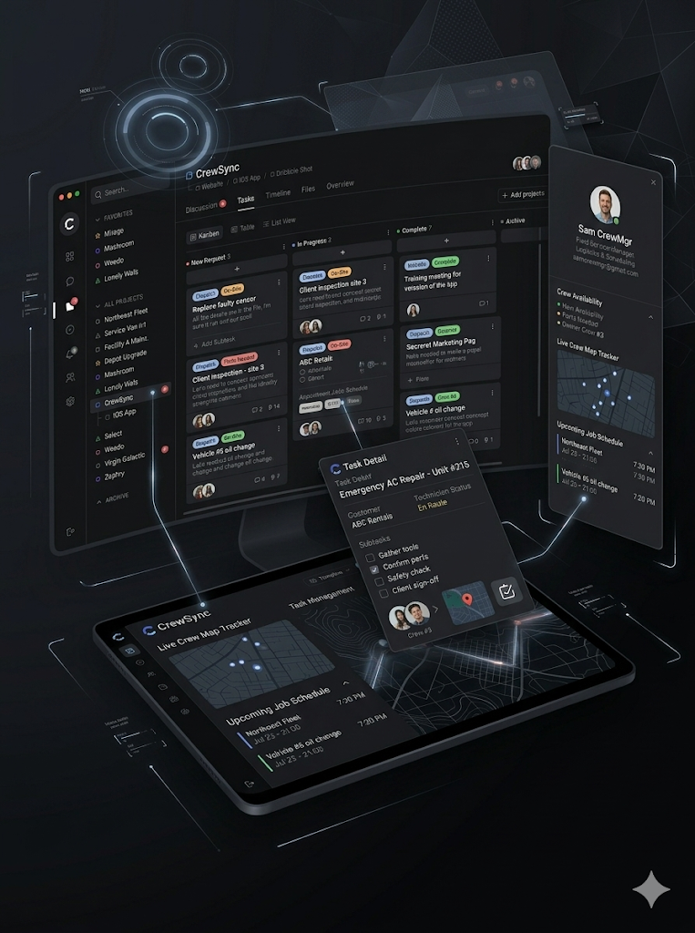 Digital dashboard with project management, task tracking, and crew scheduling on a computer monitor and a tablet, featuring charts, lists, and maps.