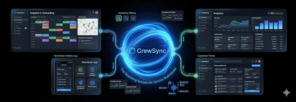 A digital dashboard display of CrewSync, a service business management system, featuring modules for dispatch and scheduling, inventory status, equipment health, analytics, technician mobile app, and customer portal.