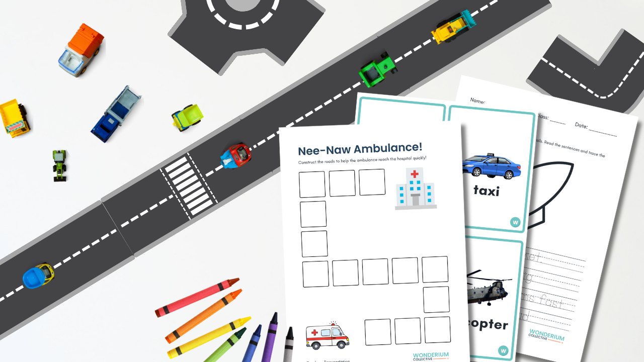 Children's educational activity sheets with pictures of a taxi and helicopter, crayons, and toy cars on a white background, with a road and toy vehicles.