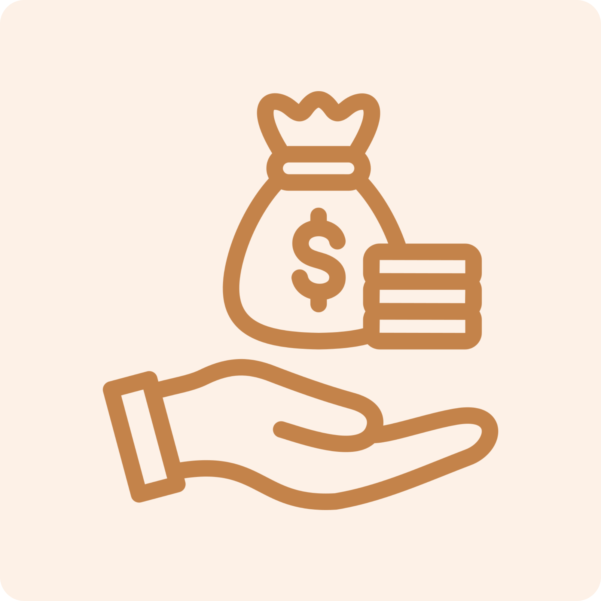 Minimalist line drawing of a money bag with a dollar sign, a stack of cash, and a clipboard on a beige background.
