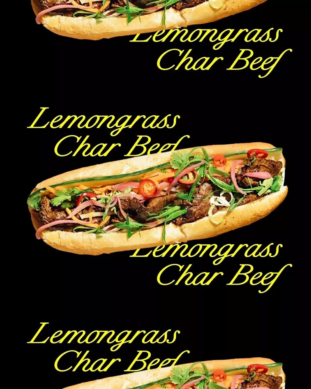 LEMONGRASS CHAR BEEF B&Aacute;NH M&Igrave; 🥖

Lemongrass char beef, pate, mayo, cucumber, pickled veggies &amp; red onion, fried garlic &amp; chilli.