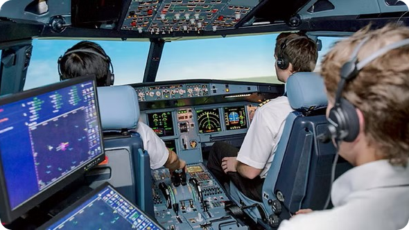 Three pilots in a cockpit with various controls, screens, and a view of the sky through the windows.