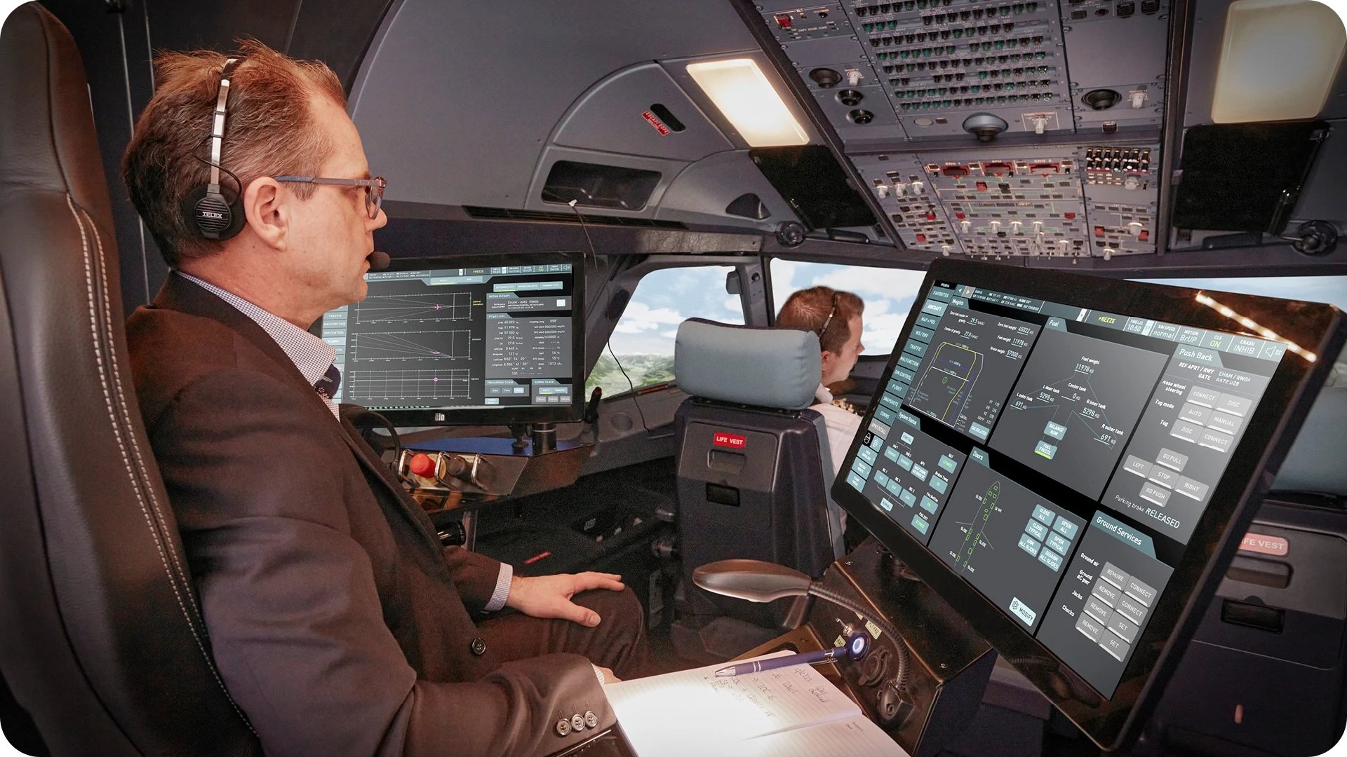 Two pilots in the cockpit of an aircraft with multiple digital navigation and control screens, one pilot wearing a headset and glasses, the other manning controls, with visible sky and clouds through the cockpit window.