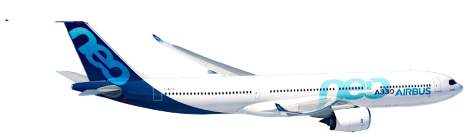 Side view of a white Airbus A330 airplane with blue RSQ branding on the tail and logo, and blue text reading  RSB on the fuselage, flying against a black background.