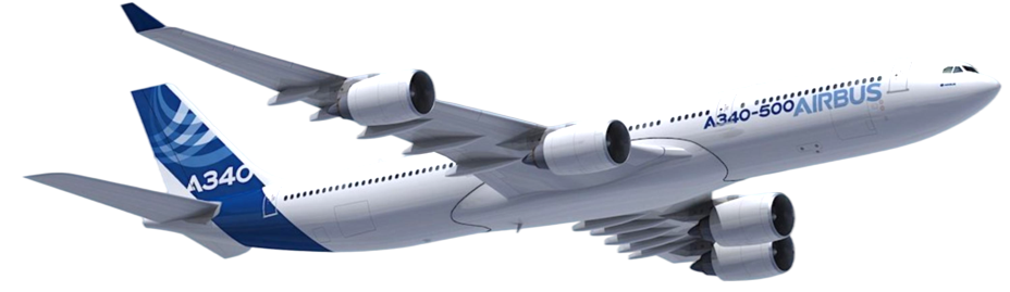 An Airbus A340-500 airplane with four engines, blue and white color, flying against a black background.