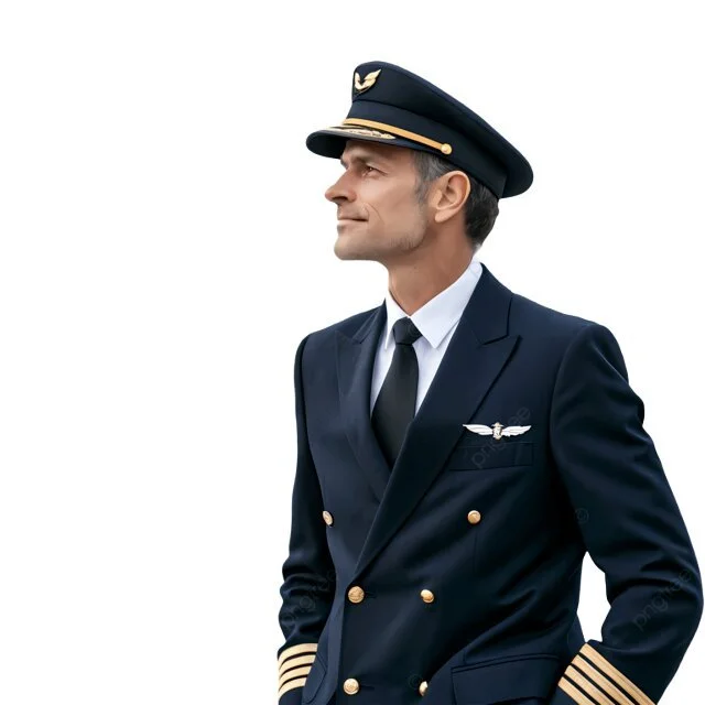 Profile of a male pilot in a navy uniform with gold accents and a pilot hat, standing against a white background.