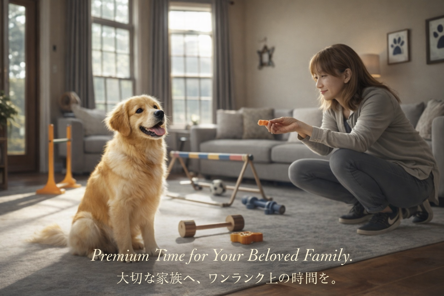 リビングルームで女性がワンちゃんにおやつをあげている写真。室内には玩具やトレーニング用具が配置されている。