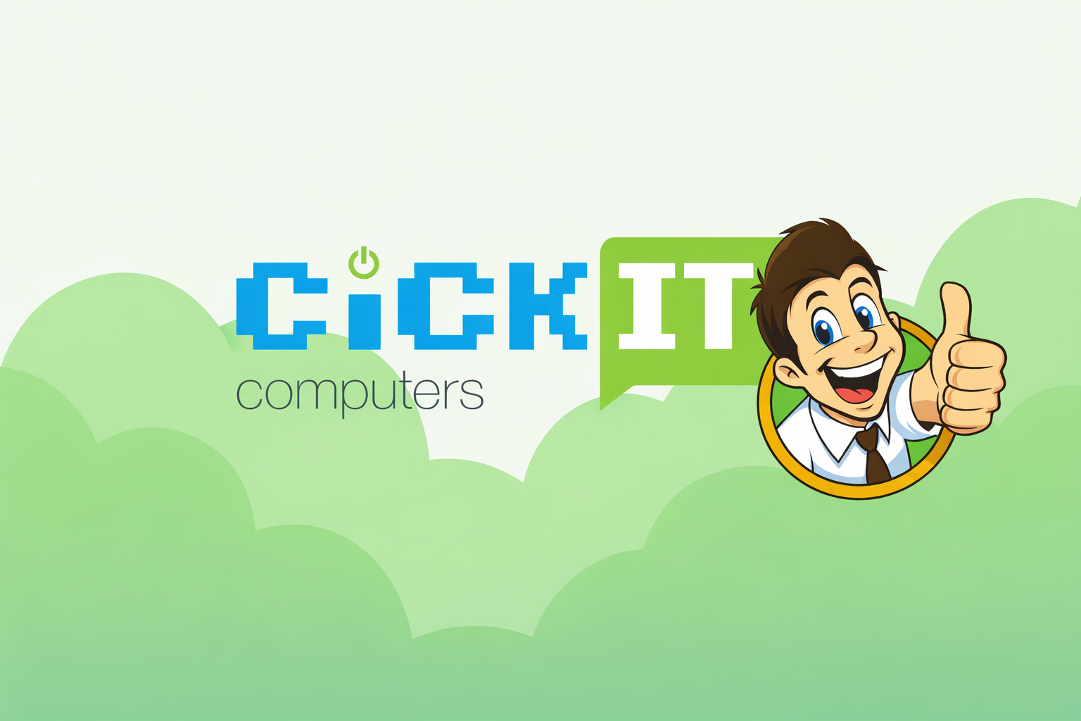 Logo for ChickIT Computers featuring a cartoon boy giving a thumbs up with the company name in colorful pixelated font.