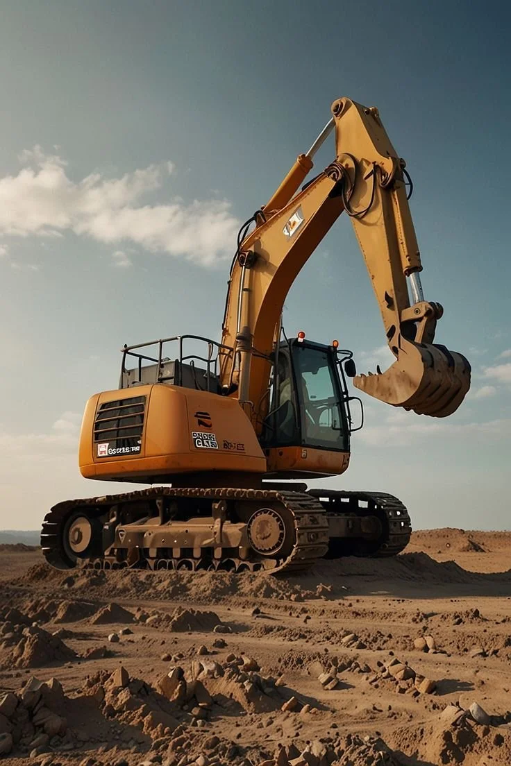 A yellow excavator working on a dirt construction site, with a clear sky in the background.