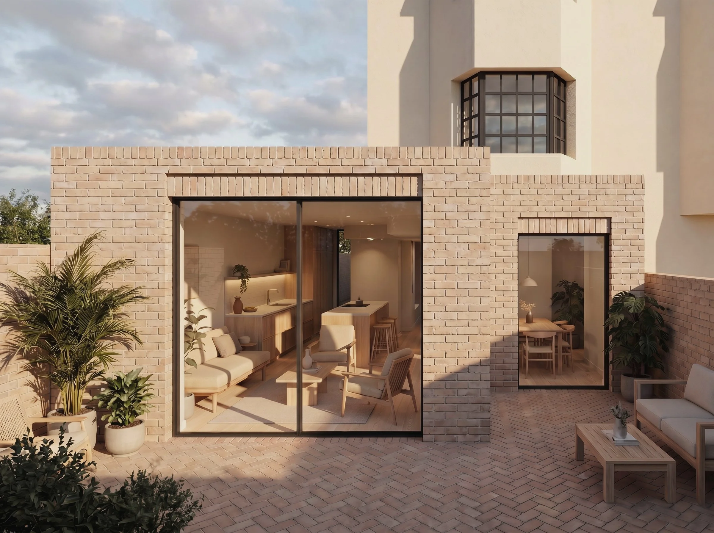 Single-storey wrap-around extension in buff brick, Conservation Area Atherstone — Tonal by Studio Context