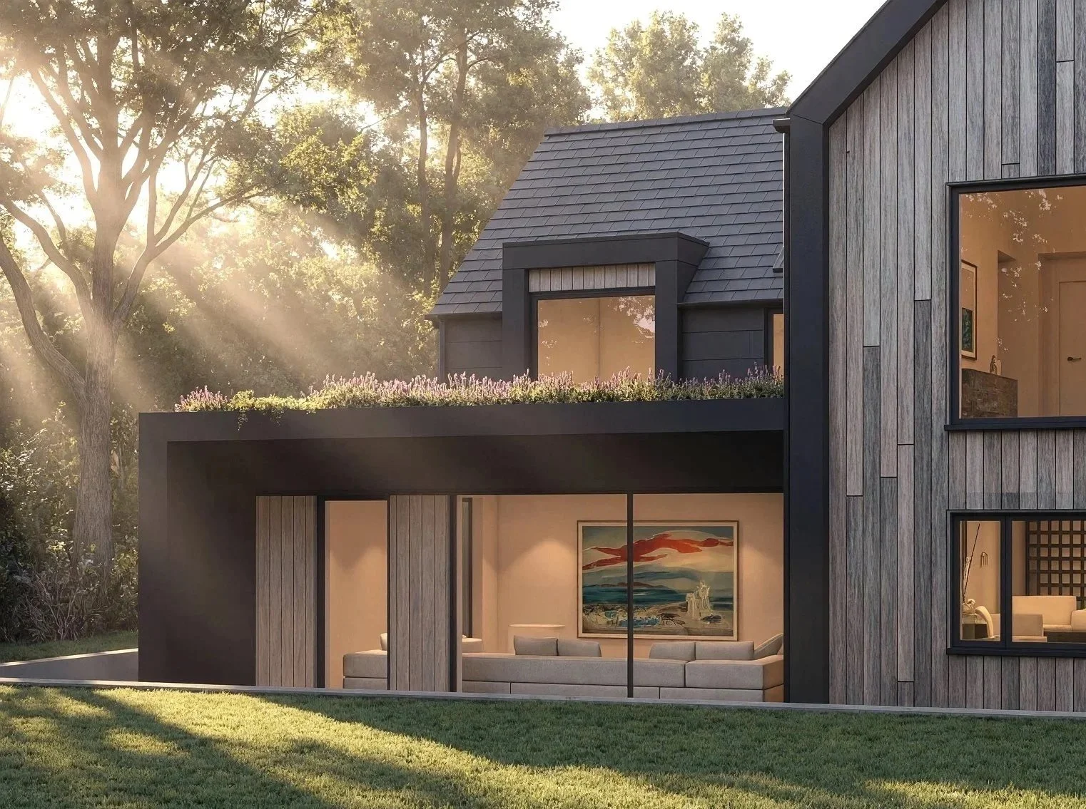 Angled rear elevation of single-storey extension to contemporary home, Barnt Green Worcestershire — Taper by Studio Context